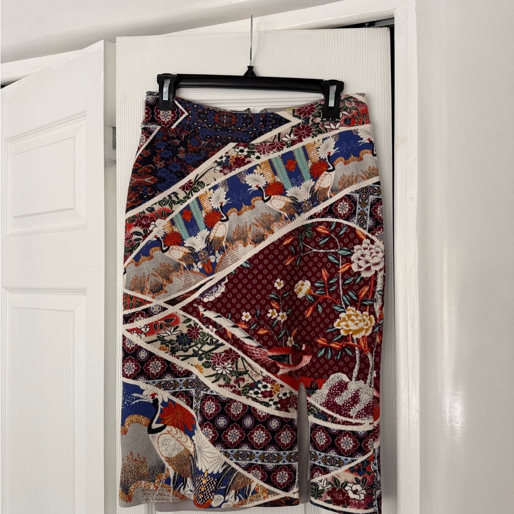 Maeve Burgundy and Blue Printed Midi Skirt
